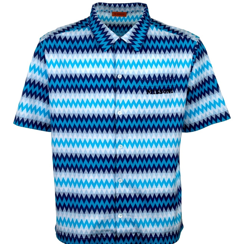 Missoni Cotton shirt, pattern in shades of blue, button closure, short sleeves.